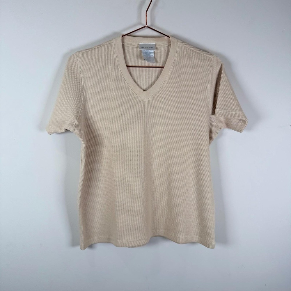 Pierre Cardin Medium Beige V-Neck Waffle Knit Short Sleeve T-Shirt Vtg Unisex